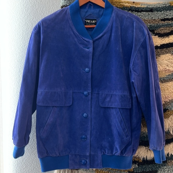 PELLE New York Milano Vintage Suede Leather Bomber Jacket Royal Blue Small - Picture 1 of 13